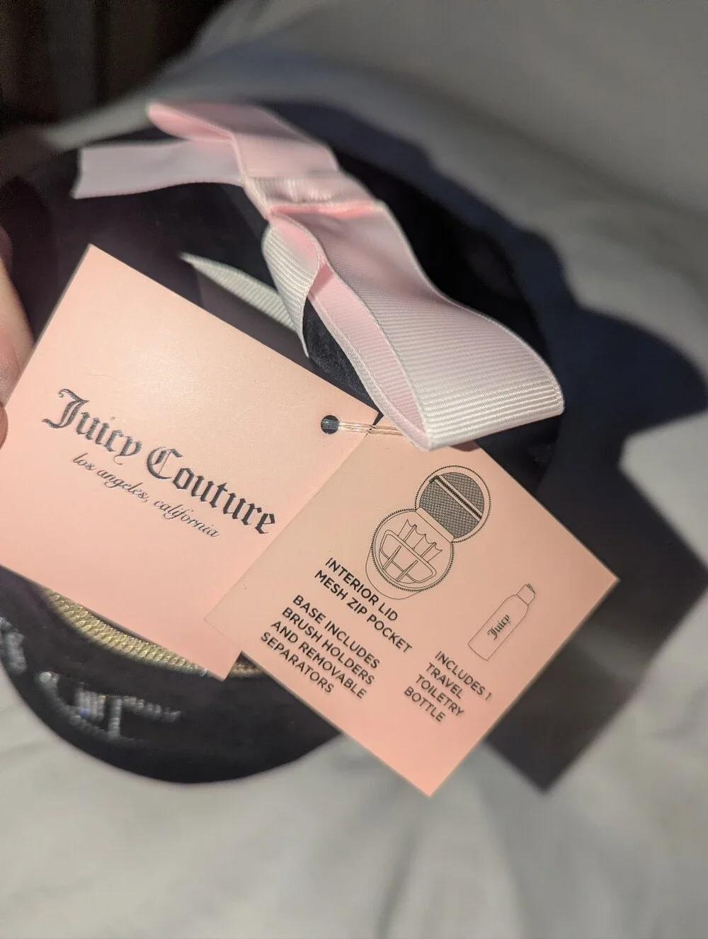 Juicy Couture NWT Black Velvet Cosmetic Case with Pink Bow and Rhinestones